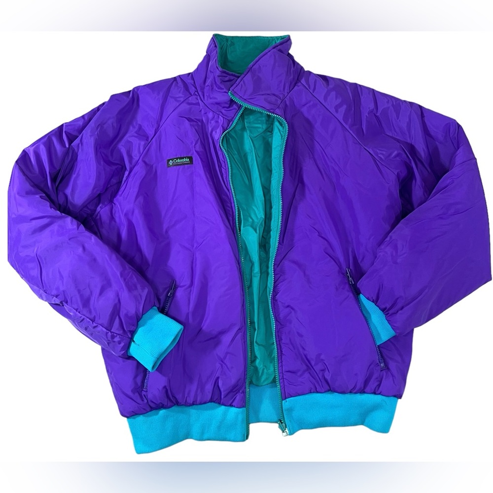 Columbia Vintage Men’s Reversible Puffer Bomber Jacket purple and green aqua L
